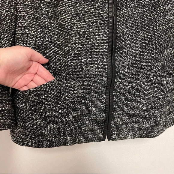 Eileen Fisher Tweed Collarless Blazer Suit Jacket - Leather Detail Linen Blend - Picture 4 of 7